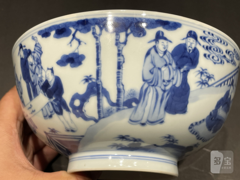 清雍正 青花十八学士墩式碗 - 图4